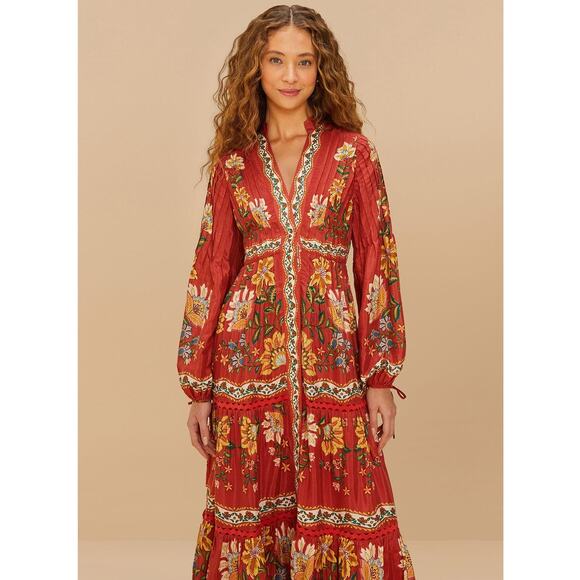 $350 NWT FARM RIO Garden Delight Red Fall Floral Midi Dress – Medium - Picture 3 of 15